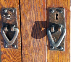 Close-up original hand-hammered copper hardware in original patina.
